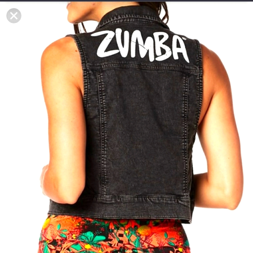 Zumba Stretch Denim Jean Vest Black sz Medium Marvelous or Small Spicy Get Wild